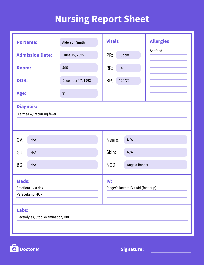 Nursing Report Sheet Template - Venngage for Printable Nursing Report Template