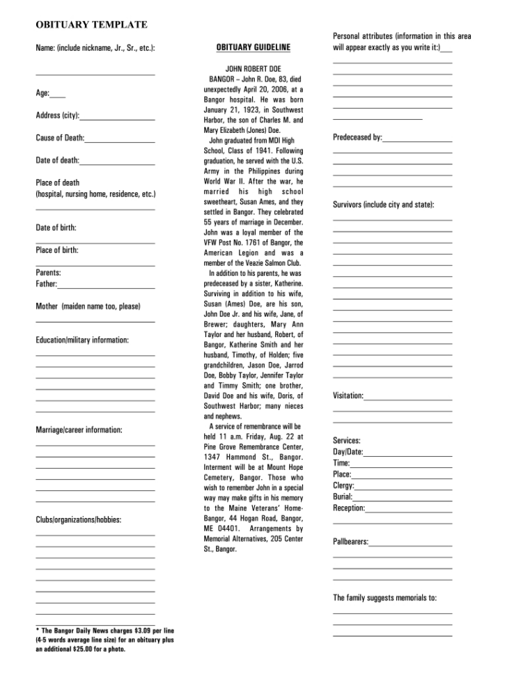 Free Printable Obituary Templates