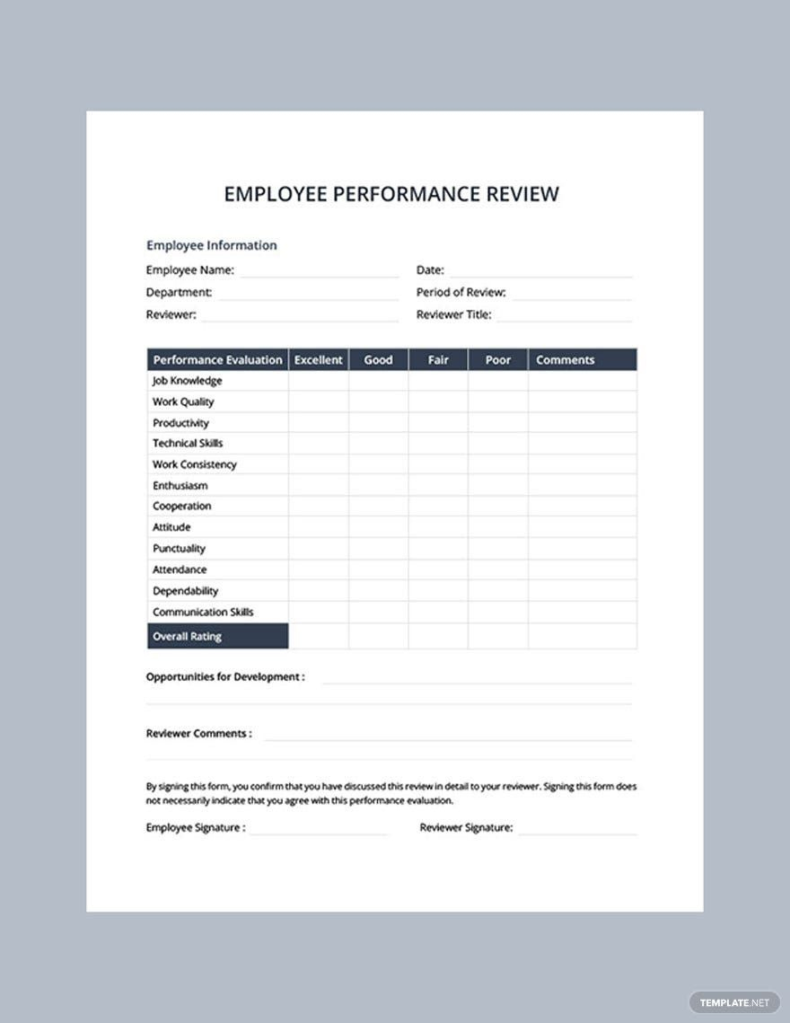 Performance Evaluation Template In Pages, Word, Pdf, Google Docs for Printable Employee Review Template