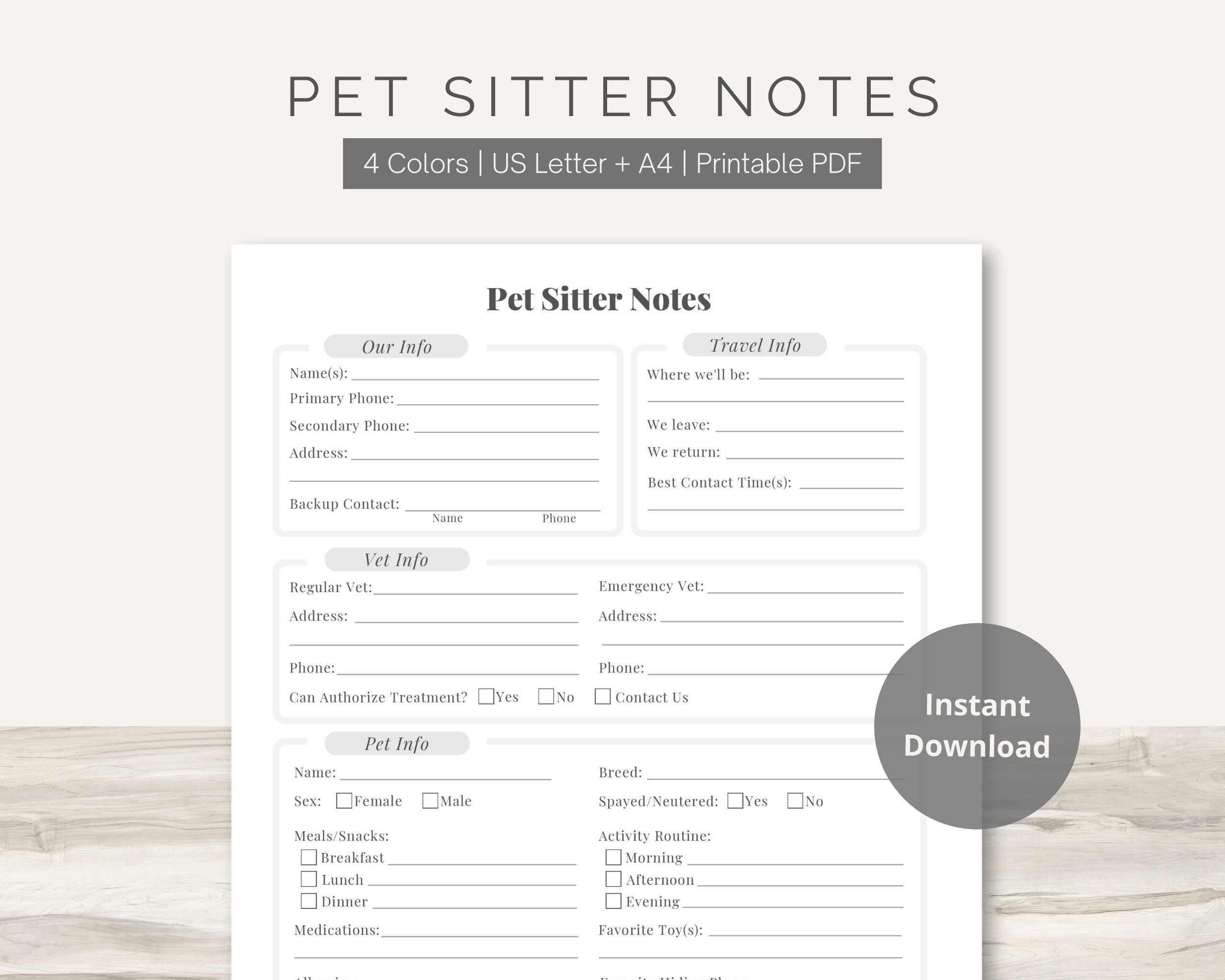 Pet Sitter Notes Printable Pdf Owner Info Template Dog, Cat, Or within Printable Pet Sitting Template