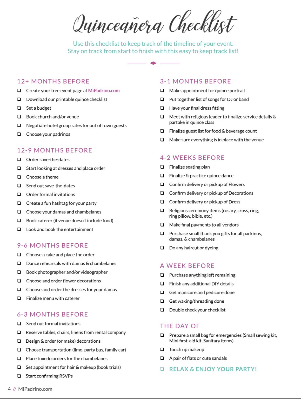 Planning Time! with Printable Quinceanera Checklist Template