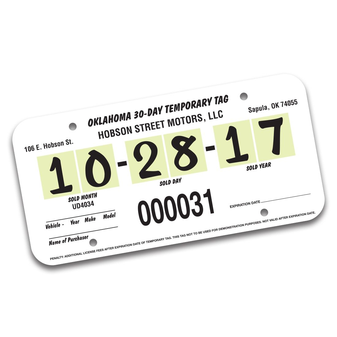 Polyboard Auto Plate Inserts/Temp Tag for Printable Blank Oklahoma Temporary Tag Template