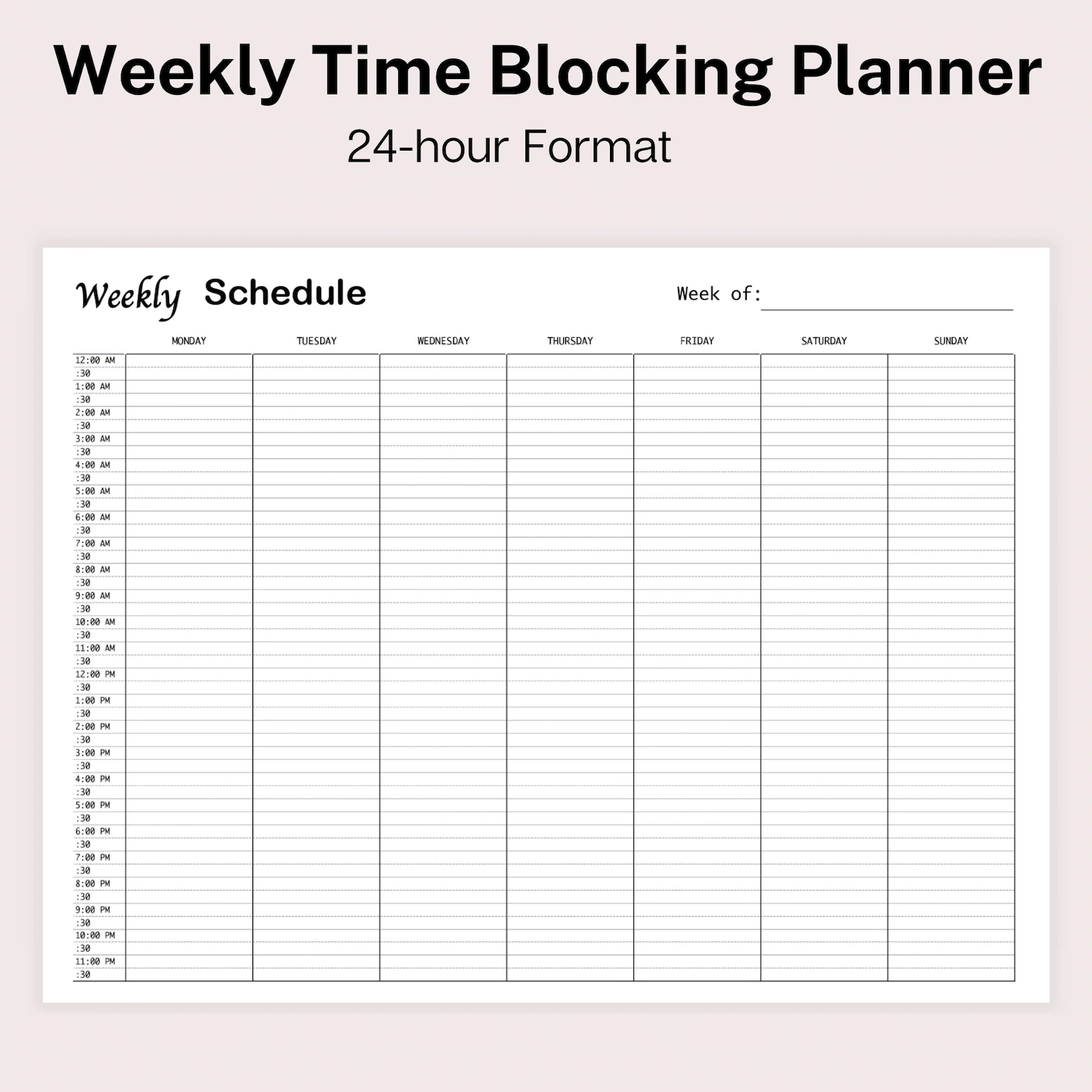 Printable 24-Hour Weekly Planner With 30-Minute Time Increment in Printable 30 Minute Schedule Template