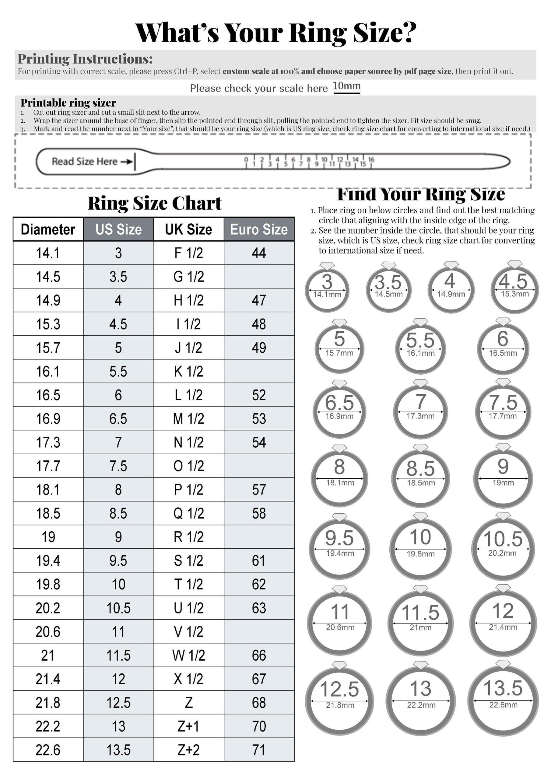 Printable Diamond Ring Sizer Ring Size Finder Ring Size Measure with Printable Ring Size Template