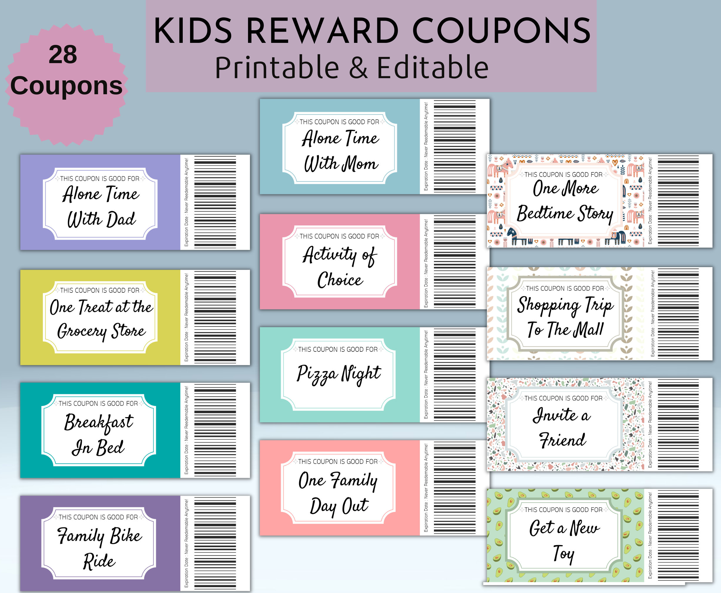 Printable Kids Reward Coupons, Editable Reward Coupons, Pre-Filled pertaining to Printable Blank Reward Coupon Template