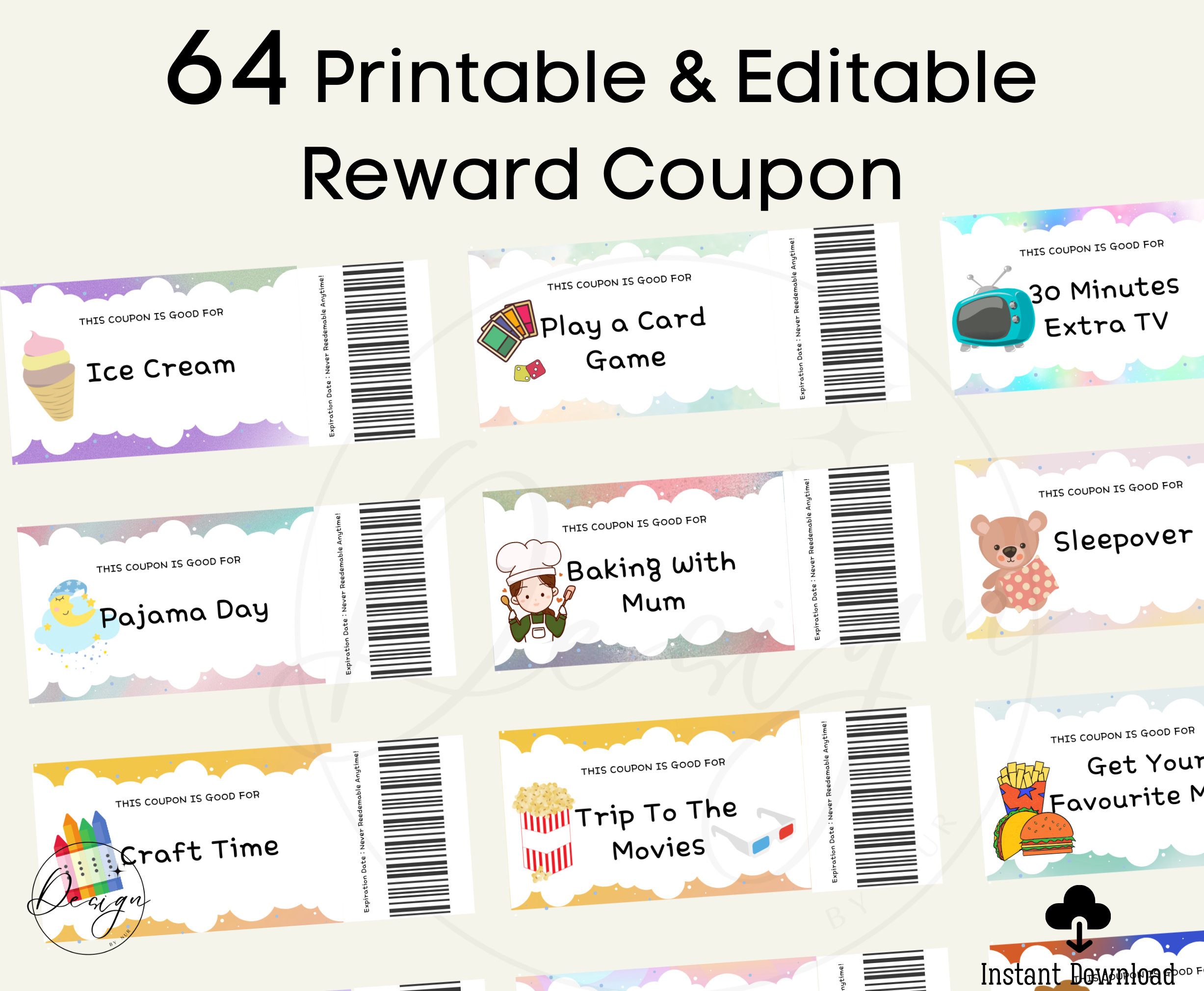 Printable Kids Reward Coupons, Editable Reward Coupons, Pre-Filled Rewards Coupons, Blank Editable Template, Good Behavior, Love Coupons regarding Printable Blank Reward Coupon Template