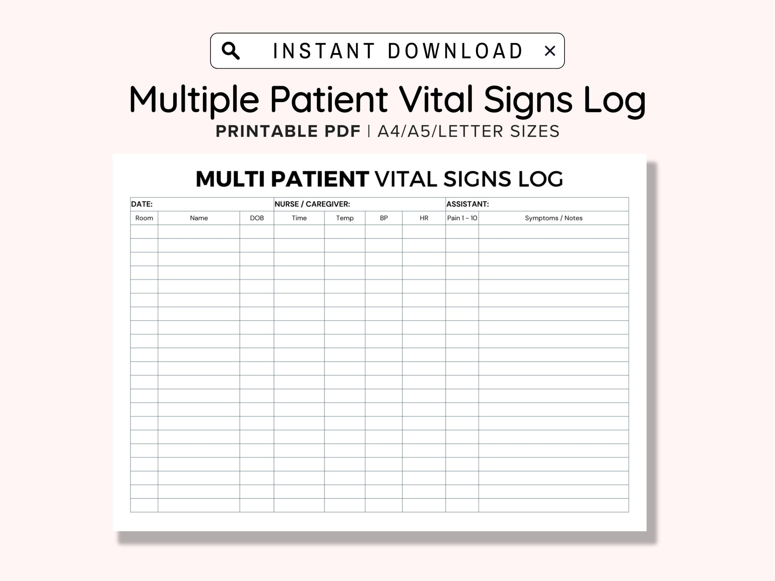 Printable Multiple Patients Vital Signs Log, Pdf Digital Downloads regarding Patient Template Printable Blank Vital Signs Chart