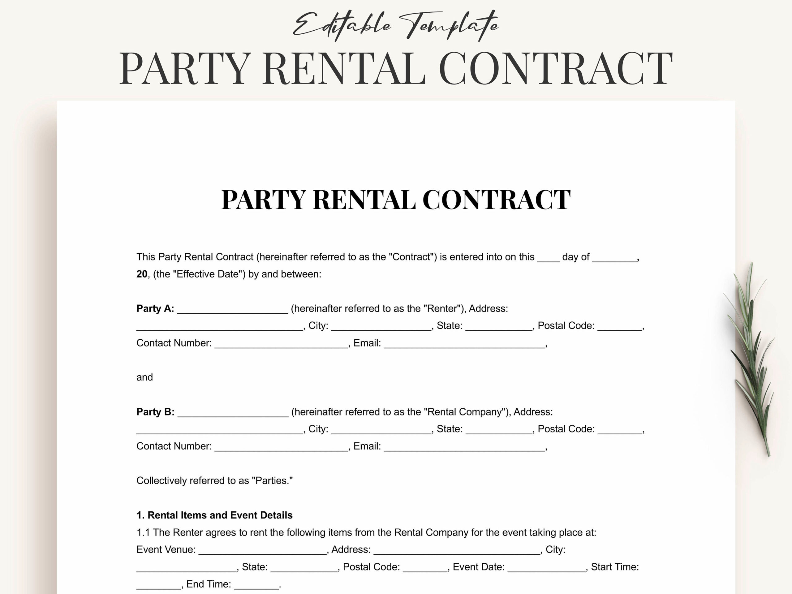 Printable Party Rental Contract Template Word &amp;amp; Pdf Premium Party for Printable Party Rental Contract Template