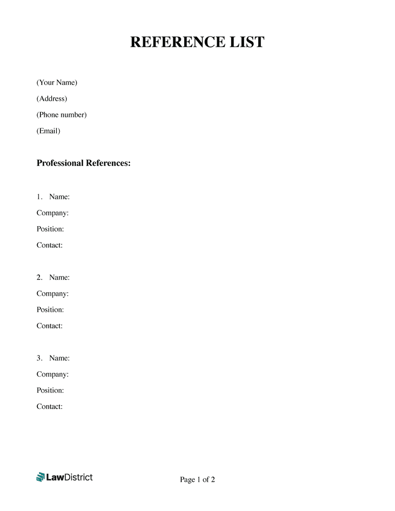 Reference List Template | Printable Word &amp;amp; Pdf | Lawdistrict throughout Printable Reference Sheet Template