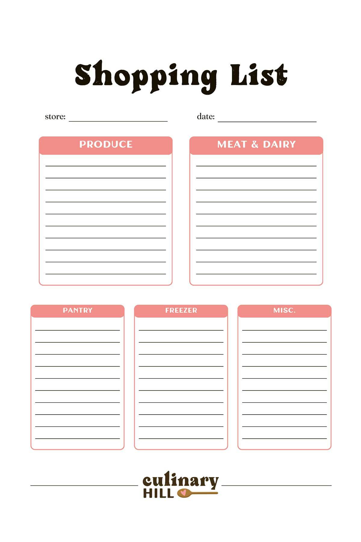 Shopping List Template - Culinary Hill in Shopping List Template Printable