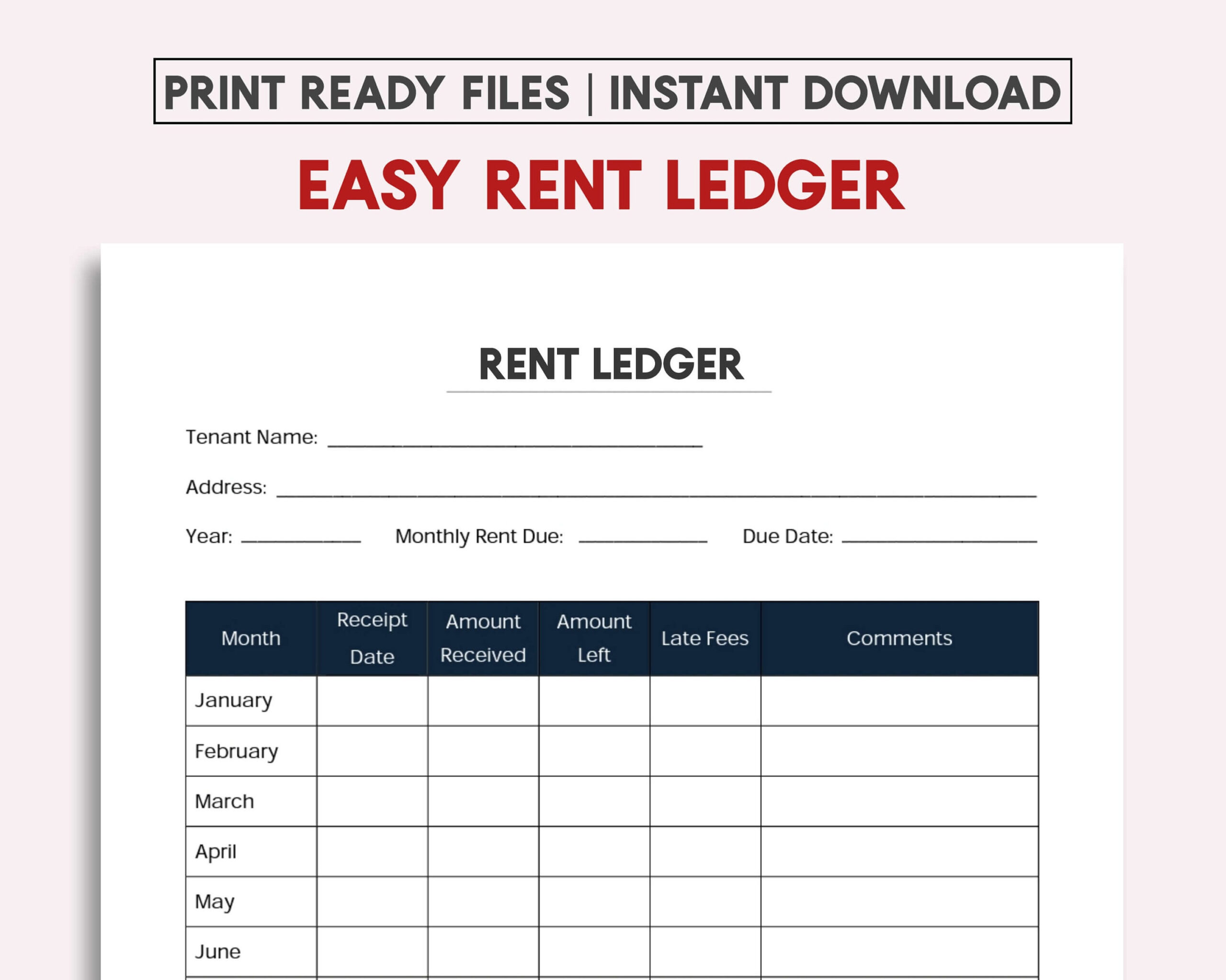 Simple One Page Rent Ledger Template Pdf - Etsy with Printable Landlord Rental Payment Ledger Template