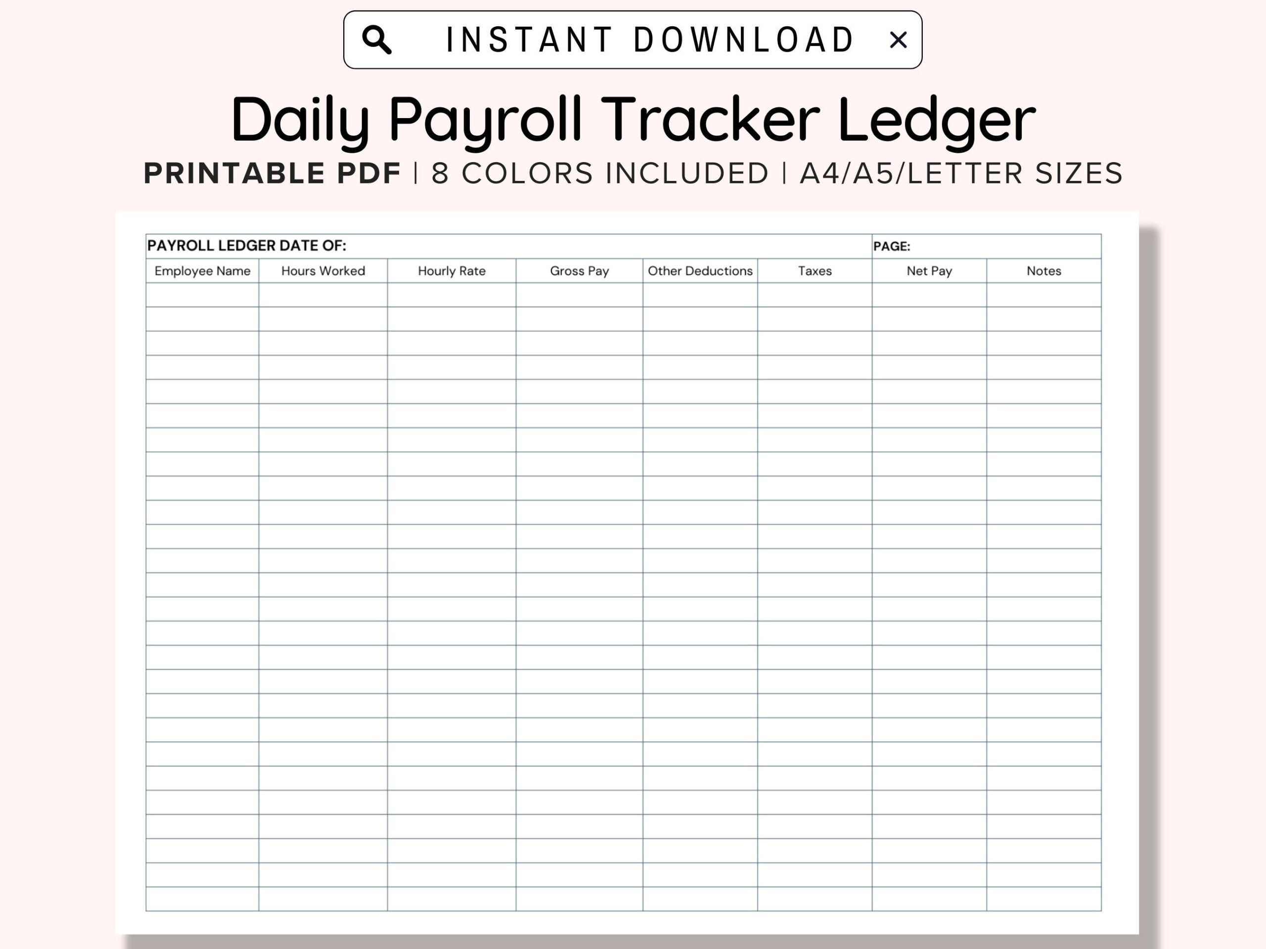 Small Business Daily Payroll Tracker Printable, Ledgers For Hourly within Printable Employee Payroll Ledger Template