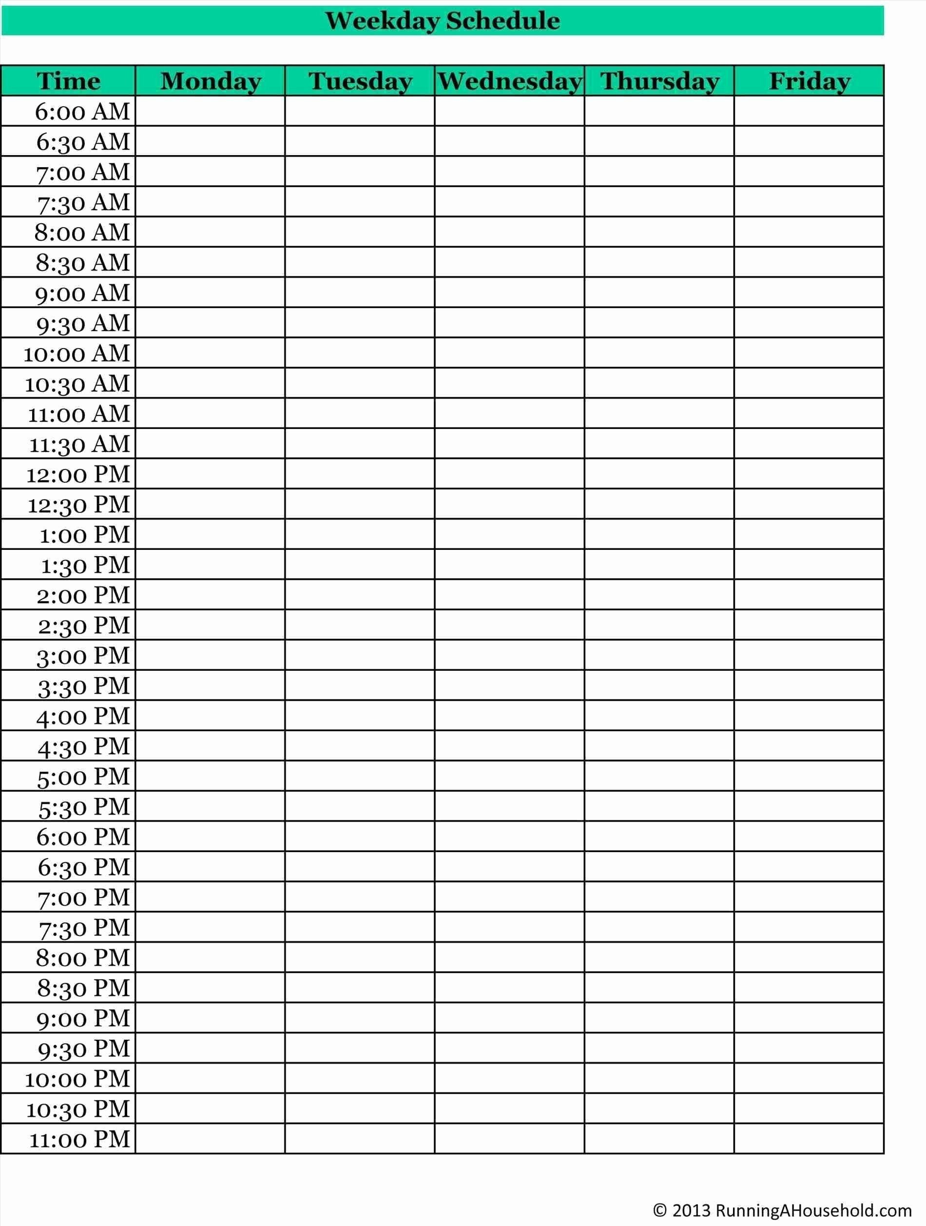 Weekly Calendar Template 30 Minute Increments – Printable Blank pertaining to Printable 30 Minute Schedule Template