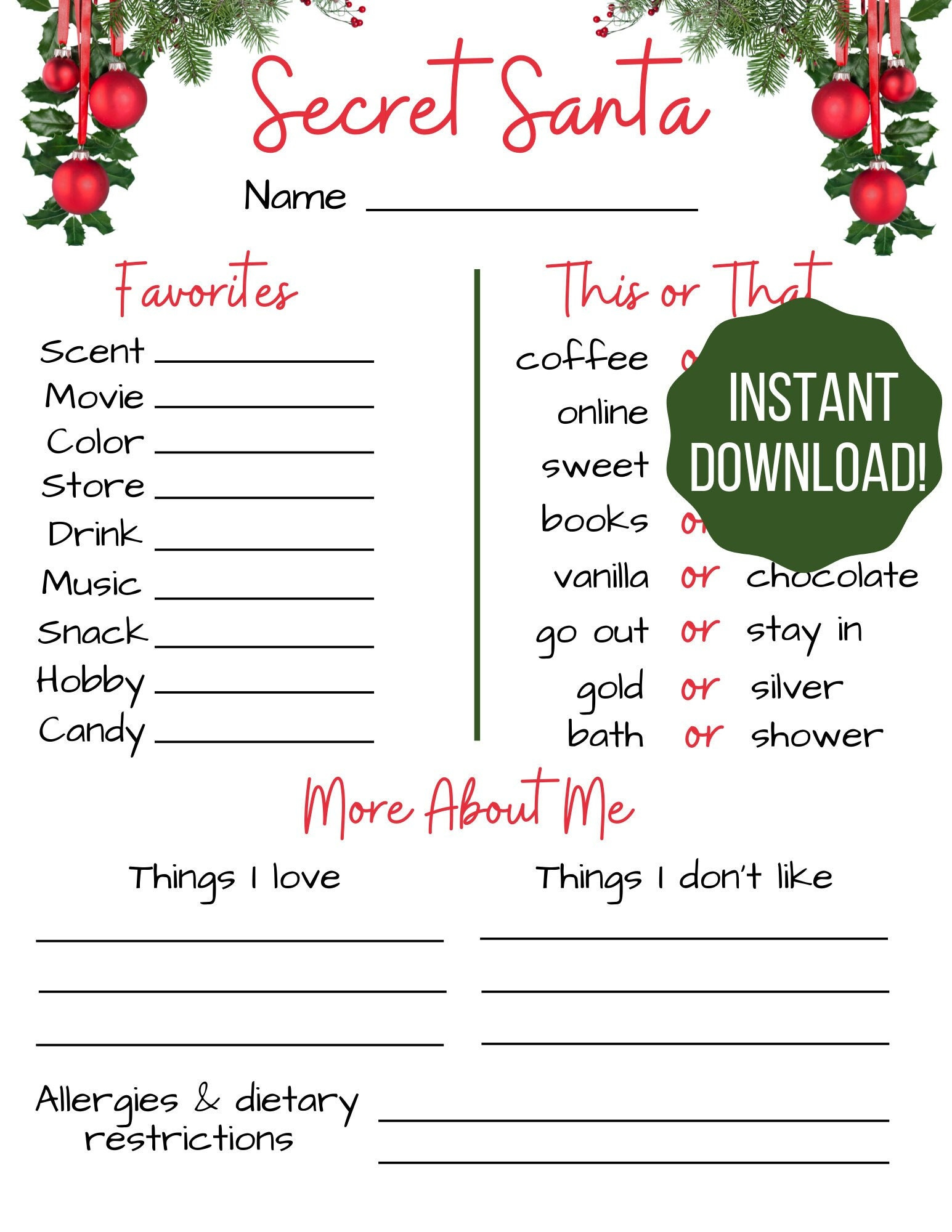 Weihnachtsfragebogen / Secret Santa Form / Christmas Printable pertaining to Secret Santa Template Printable