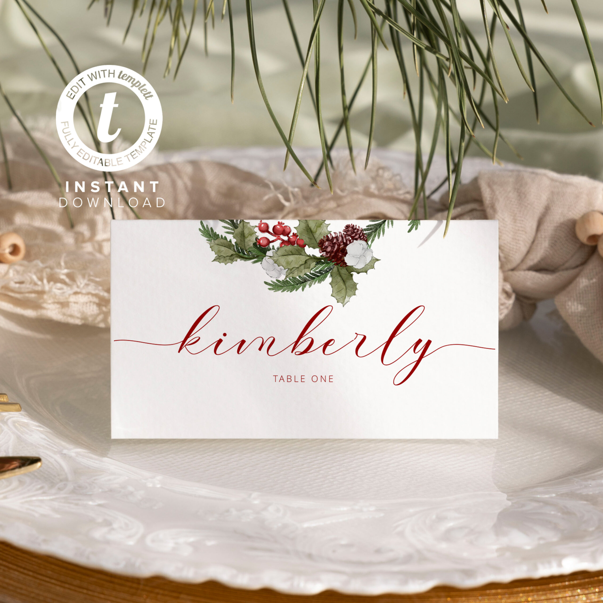 Christmas Place Card Template, Holiday Seating Card, Winter for Christmas Table Card Templates