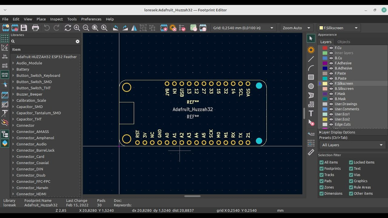 Adafruit Huzzah32 – Esp32 Feather Board Kicad Footprint regarding Kicad Feather Template