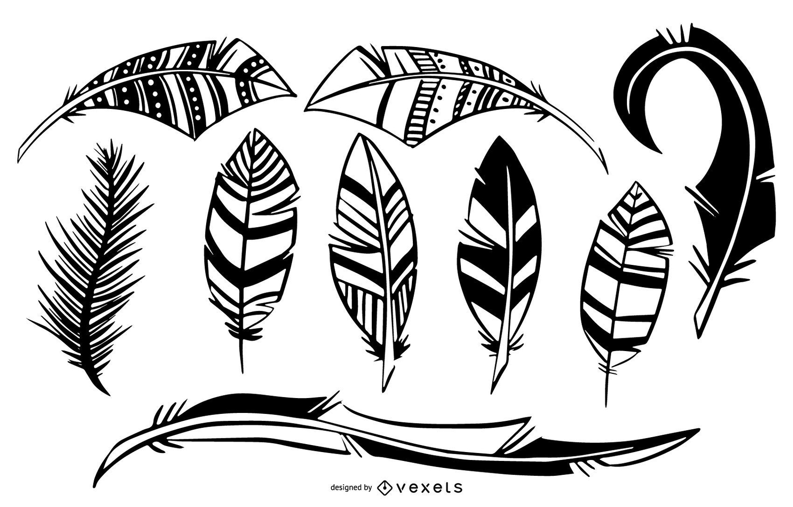 Bird Feather Black White Illustration Set Vector Download within Feather Template Black and White