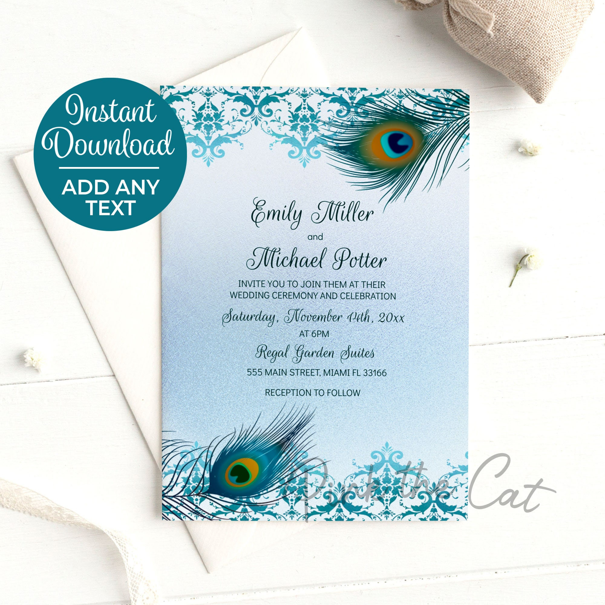 Buy Peacock Wedding Invitation Teal Blue With Feathers And Ethnic intended for Peacock Feather Wedding Card Template