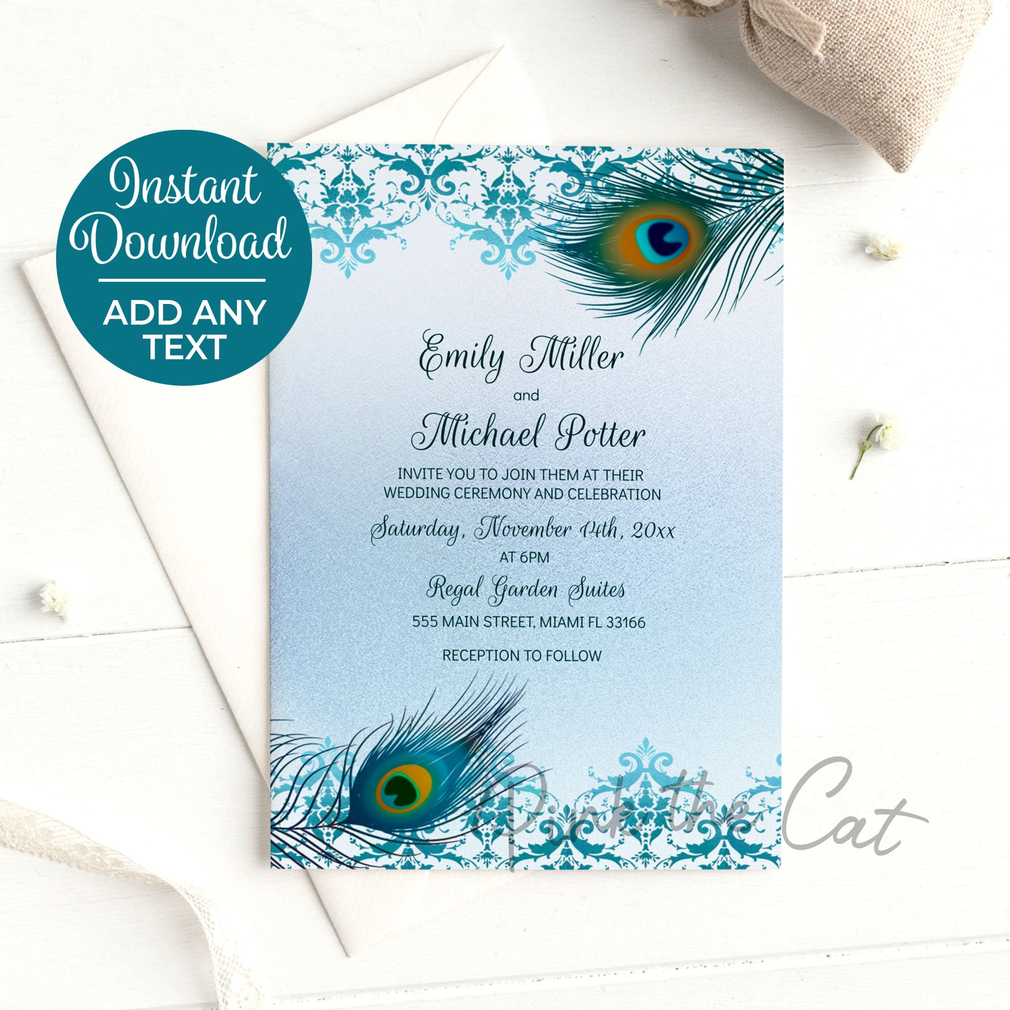 Buy Peacock Wedding Invitation Teal Blue With Feathers And Ethnic regarding Free Peacock Feather Invitation Template
