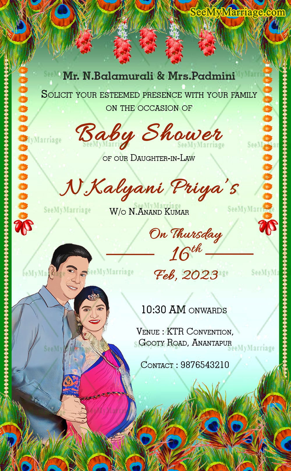Caricature Style Baby Shower Invitation Peacock Feather Traditional Green with Peacock Feather Baby Shower Invitation Template