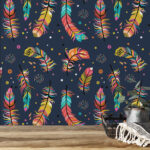 Colorful Flat Art Feathers Pattern Illustration Wallpaper Throughout Feather Template For Mural