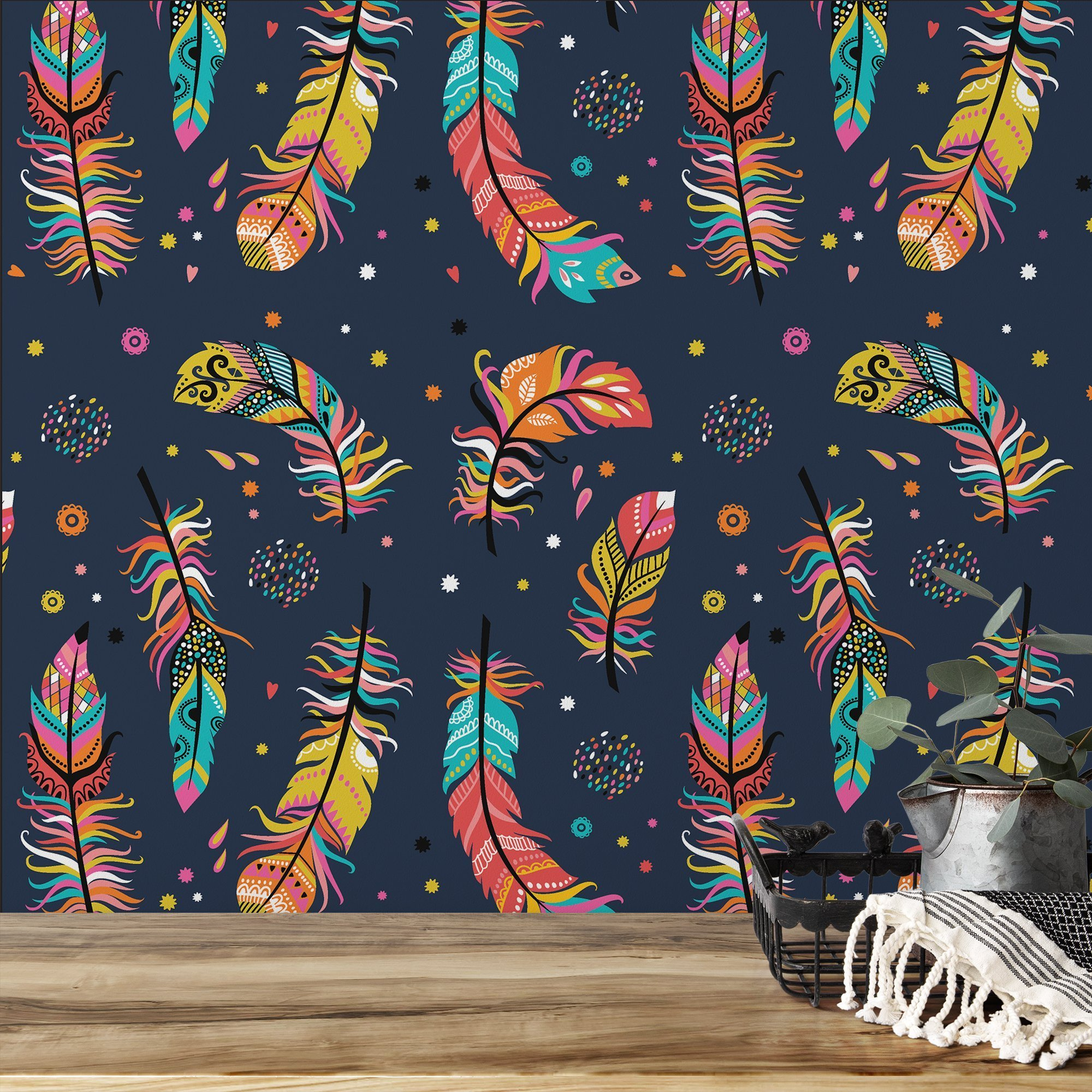 Colorful Flat Art Feathers Pattern Illustration Wallpaper throughout Feather Template For Mural