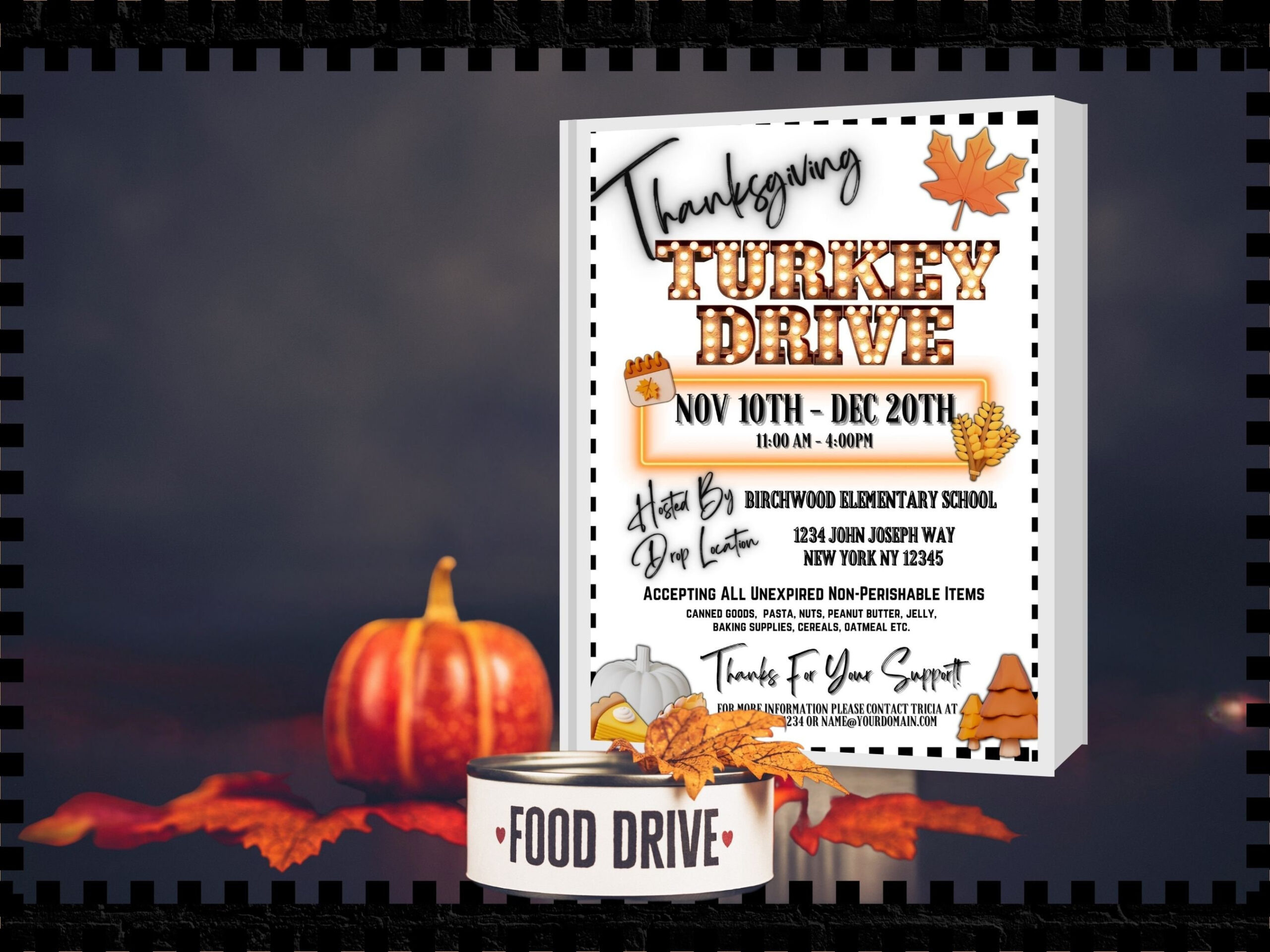 Editable Thanksgiving Fall Turkey Drive Flyer Community Hunger in Turkey Drive Flyer Template