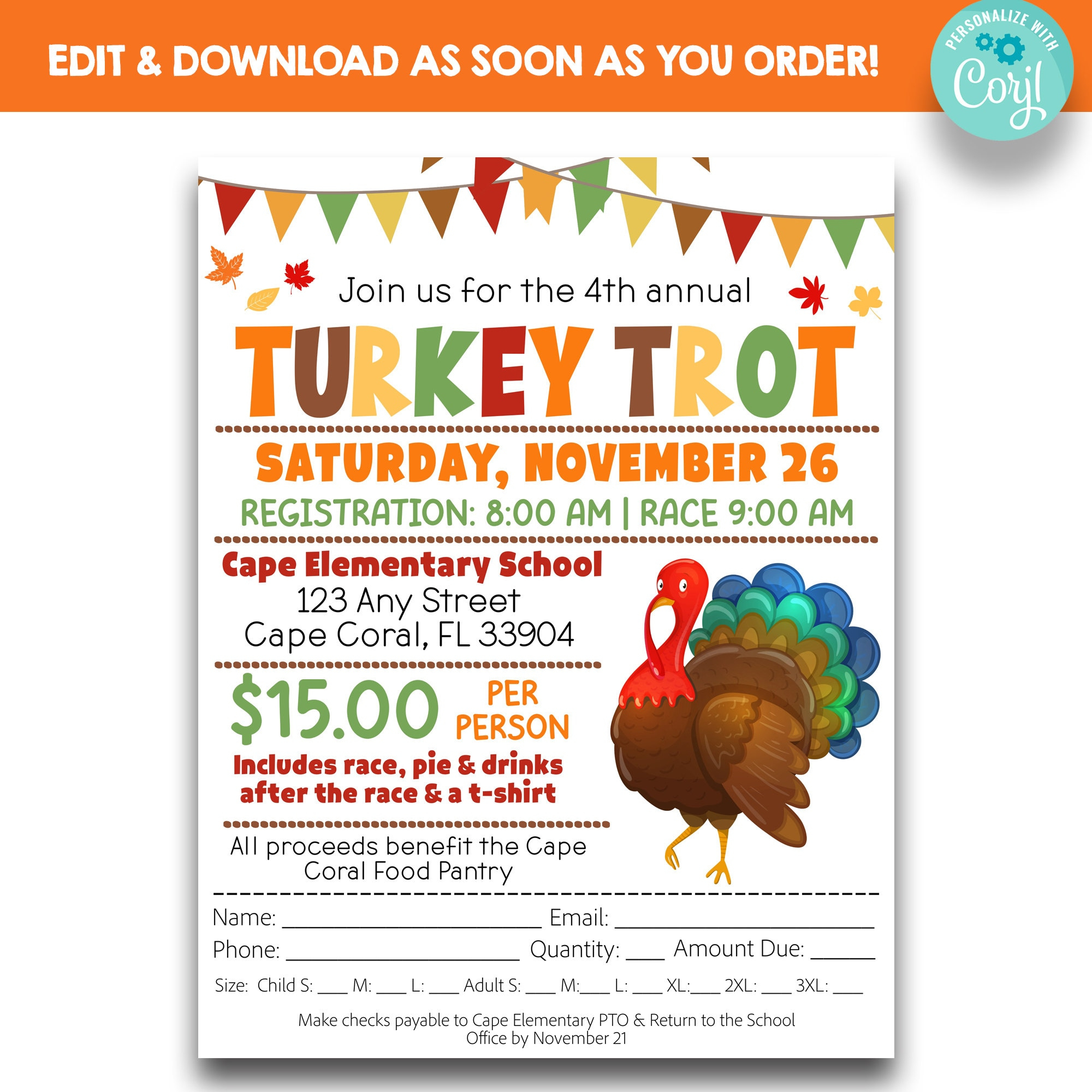 Editable Turkey Trot Flyer With Sign Up Form | Thanksgiving Turkey inside Free Turkey Trot Flyer Template