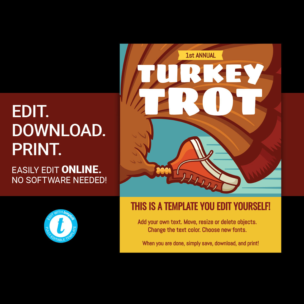 Editable Turkey Trot Thanksgiving Run Walk Printable Flyer Or with regard to Turkey Trot Flyer Template