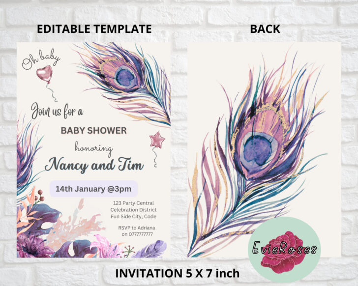Peacock Feather Baby Shower Invitation Template