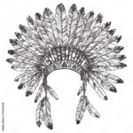 Hand Drawn Native American Indian Headdress. Vector Monochrome Within Indian Headdress Feather Template