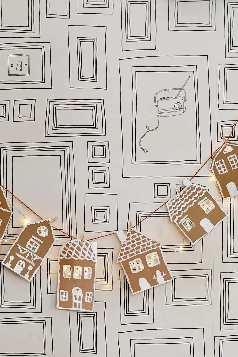 How To Upcycle Packaging Into A Gingerbread Garland - Pillar Box Blue throughout Gingerbread House Garland Template