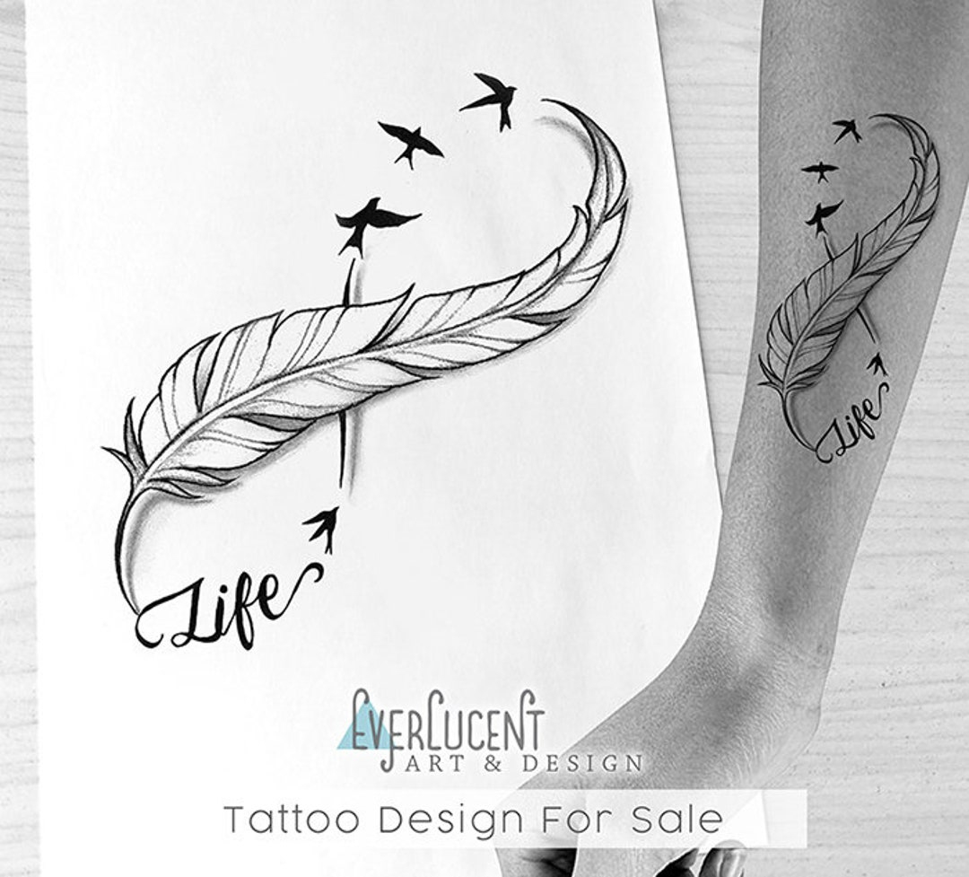 Life Infinity Feather Tattoo Design + Linework - Etsy Uk pertaining to Feather with Beads Tattoo Design Template