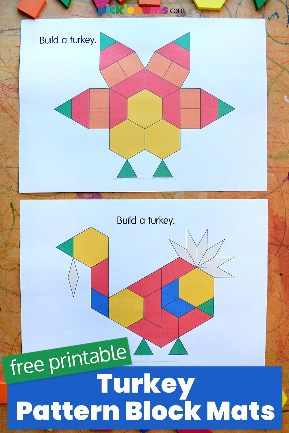 Pattern Block Turkeys - Free Printable - Picklebums for Free Pattern Block Turkey Template