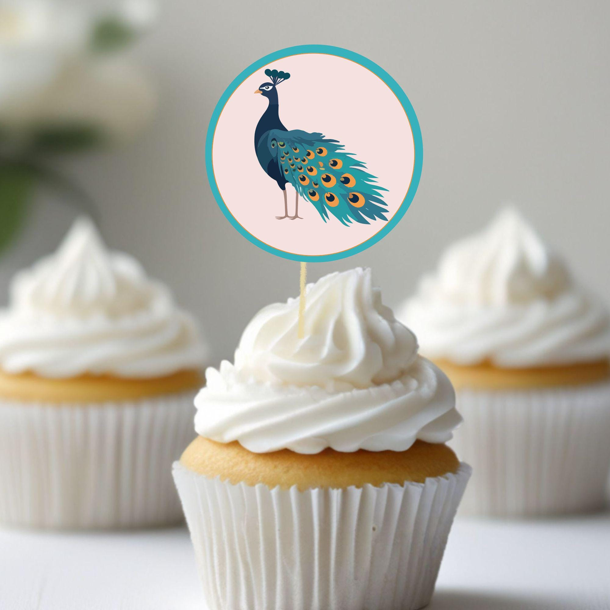 Peacock Cupcake Toppers Printable | Birthday Party Baby Shower in Peacock Feather Printable Cupcake Template