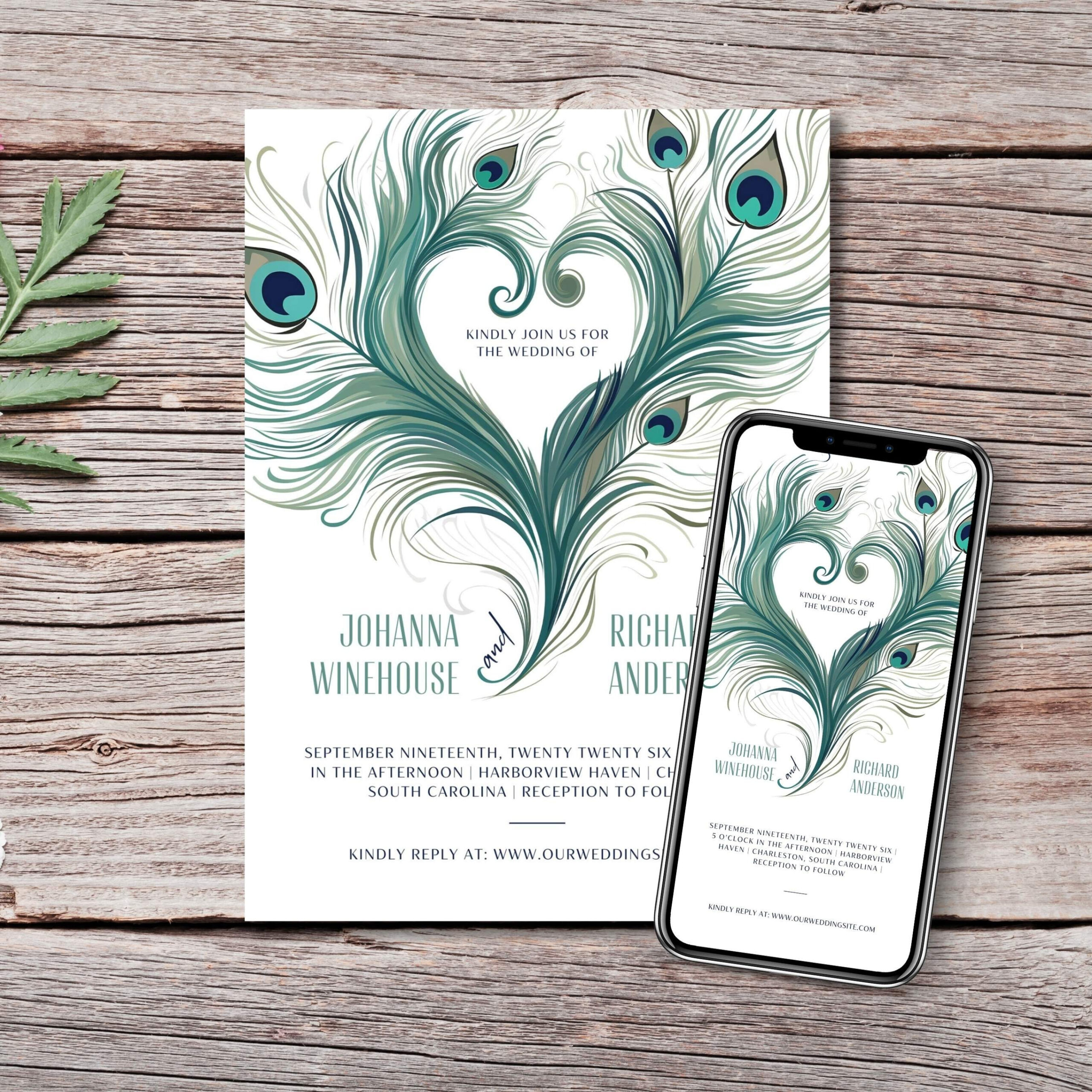 Peacock Feather Heart Wedding Invitation Template (Digital for Feather Wedding Template