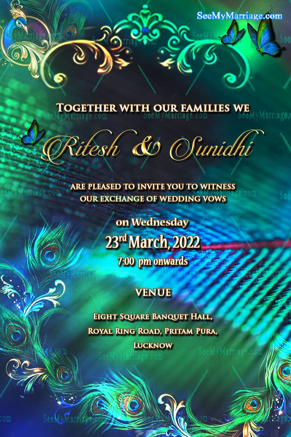 Peacock Feather Royal Wedding Invitation Card pertaining to Free Peacock Feather Invitation Template