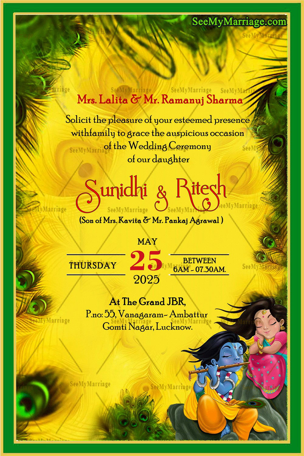 Peacock Feather Wedding Invitation Card Radha Krishna Yellow Theme in Indian Wedding Card Krishna Feather Template