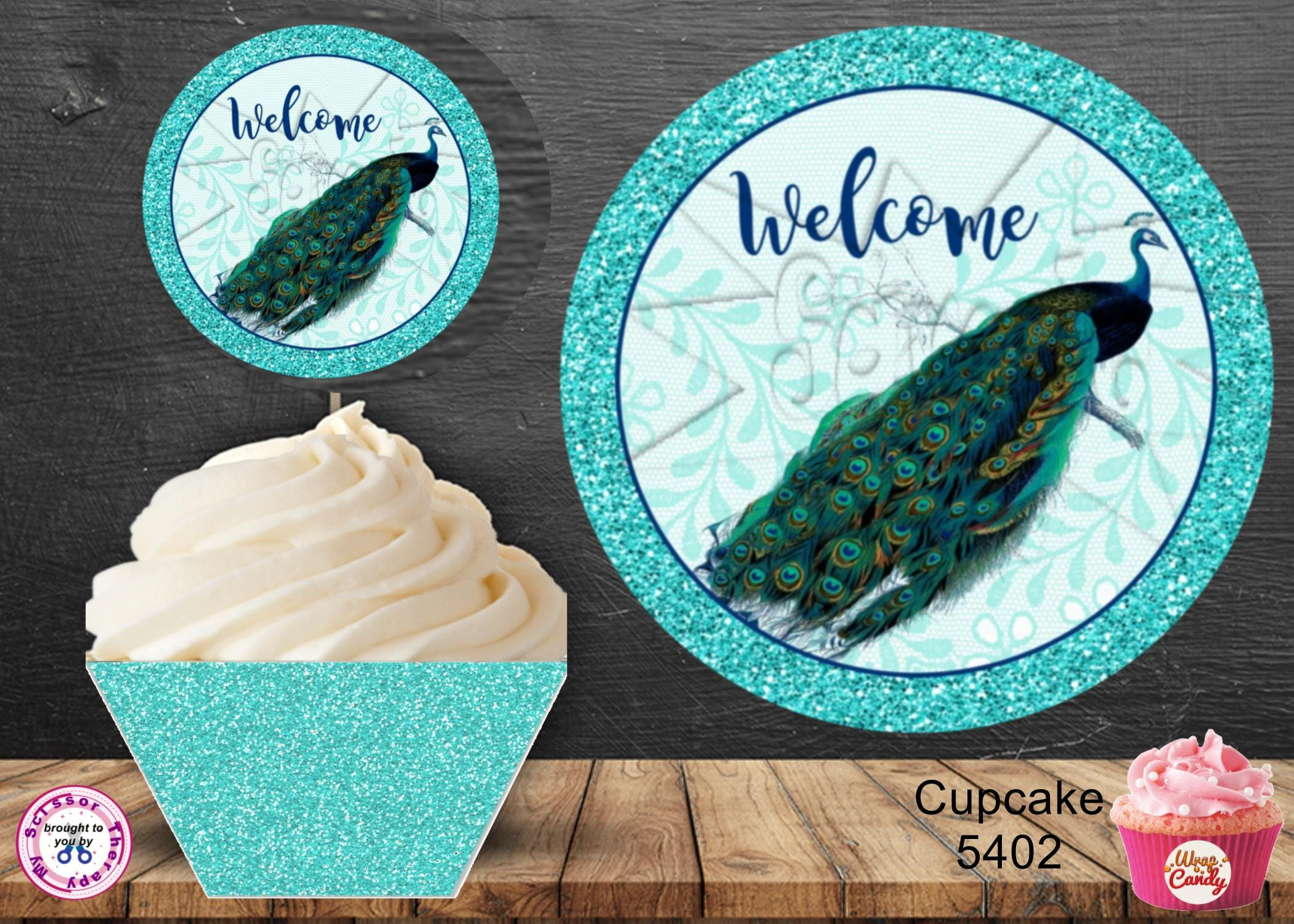 Peacock Welcome Cupcake Wrapper &amp;amp; Topper Printable Download 5402 in Peacock Feather Printable Cupcake Template