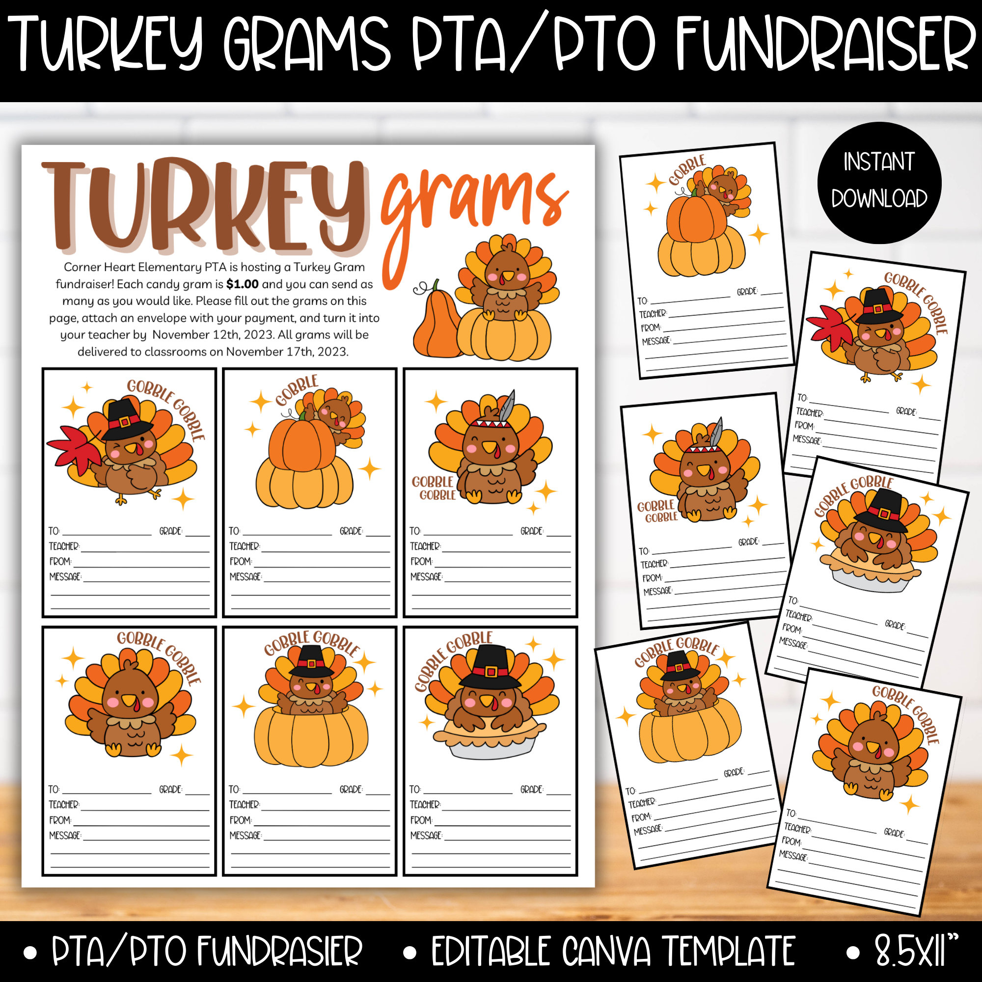 Pta Pto Turkey Grams Fundraiser Flyer Template, Autumn School with Turkey Gram Template