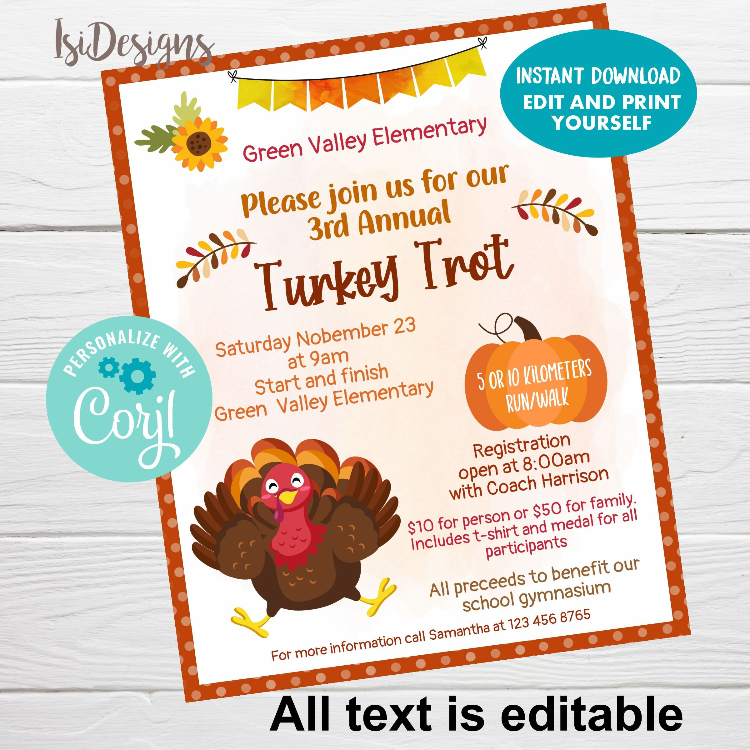 Thanksgiving Turkey Trot Flyer, Editable Fall Walk/Run Poster with Turkey Trot Flyer Template