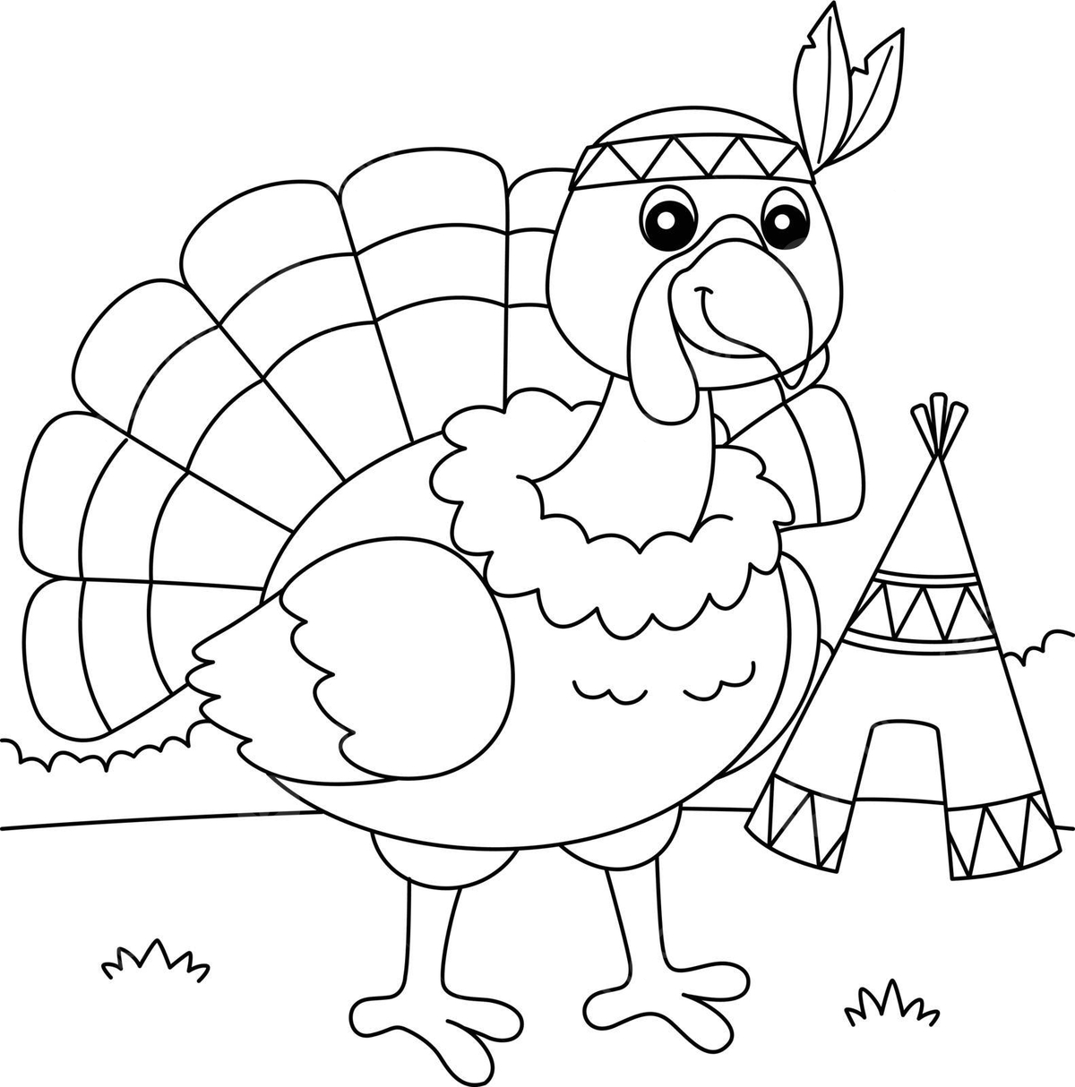 Thanksgiving Turkey With Indian Headdress Coloring Colouring Book regarding Free Pilgrim And Indian Turkey Template