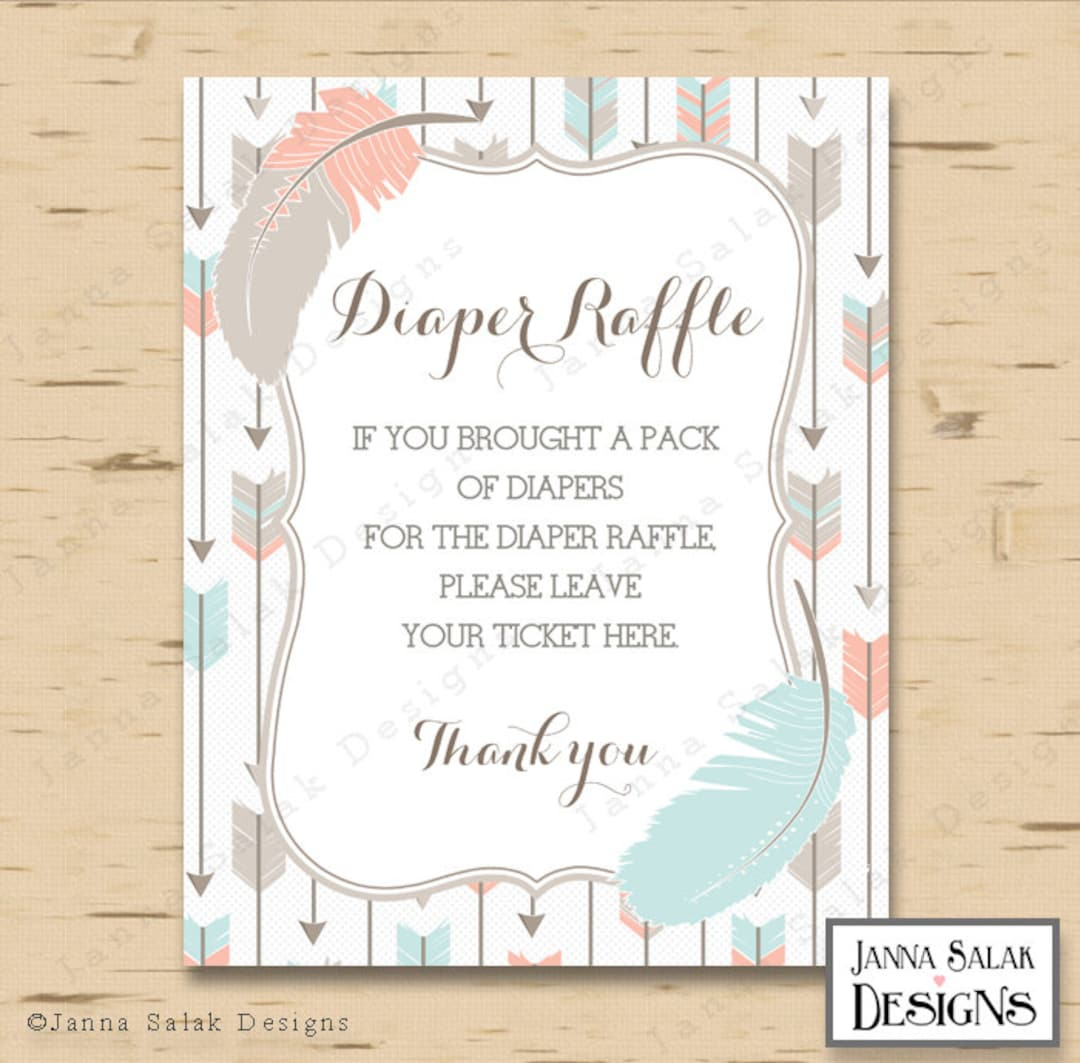 Tribal Arrow Feather Diaper Raffle Sign 8&amp;quot;X10&amp;quot; Pink Blue Grey Boho in Free Printable Tickets Template Diaper Raffle Feather Tribal Arrow