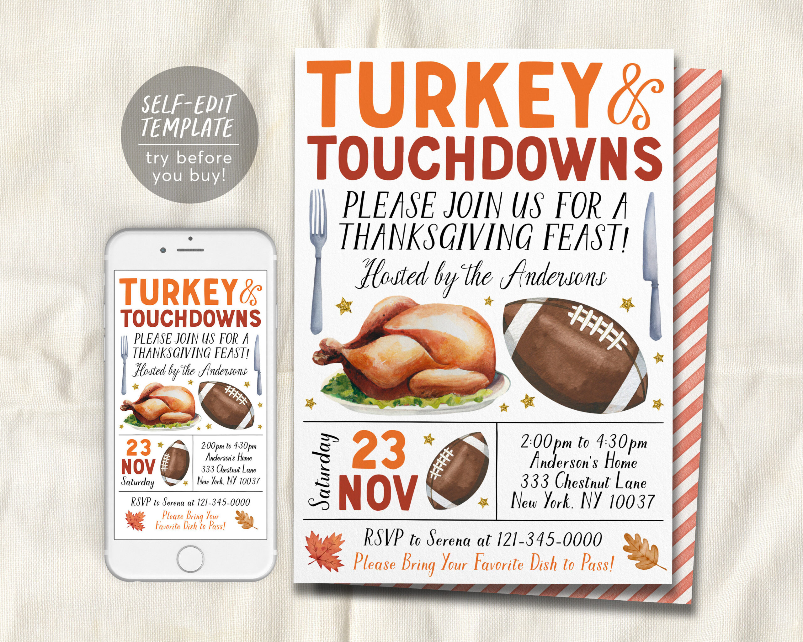 Turkey And Touchdowns Invitation Editable Template, Friendsgiving in Turkey Invitation Template
