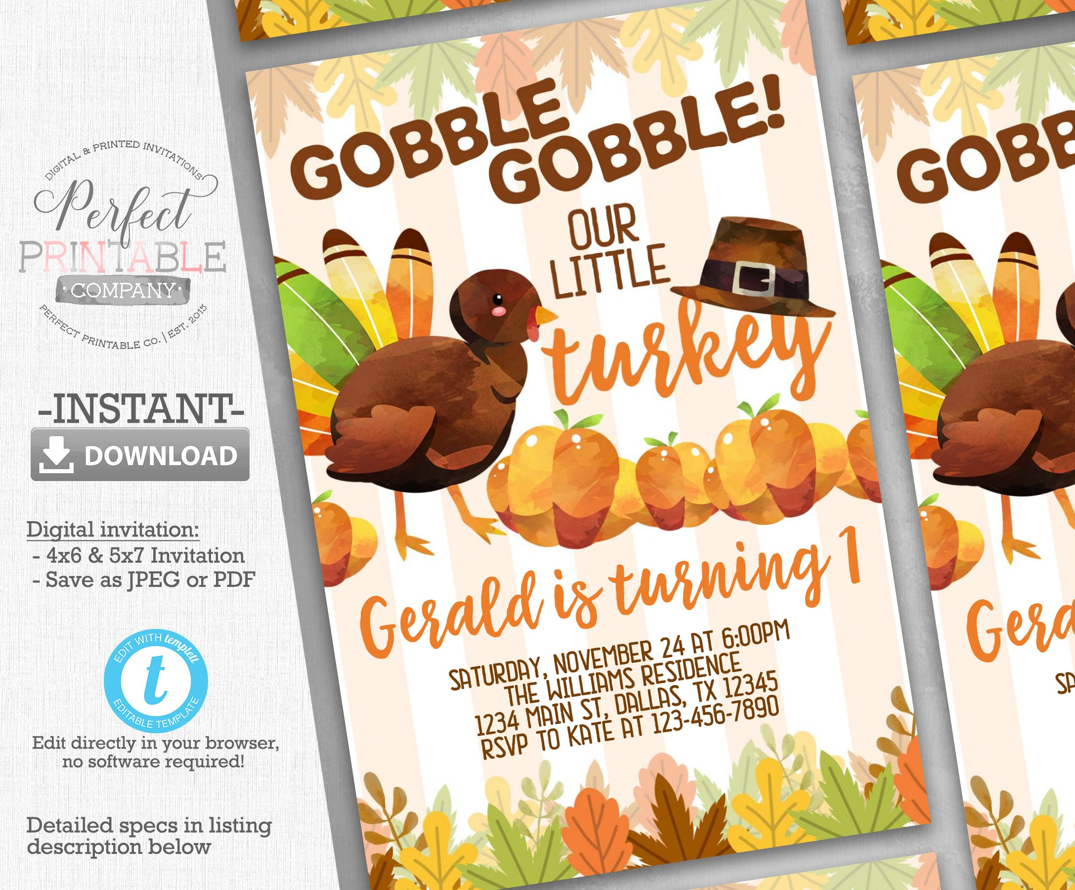 Turkey Birthday Invitation, Turkey Invitation, Turkey Invite, Fall regarding Turkey Invitation Template