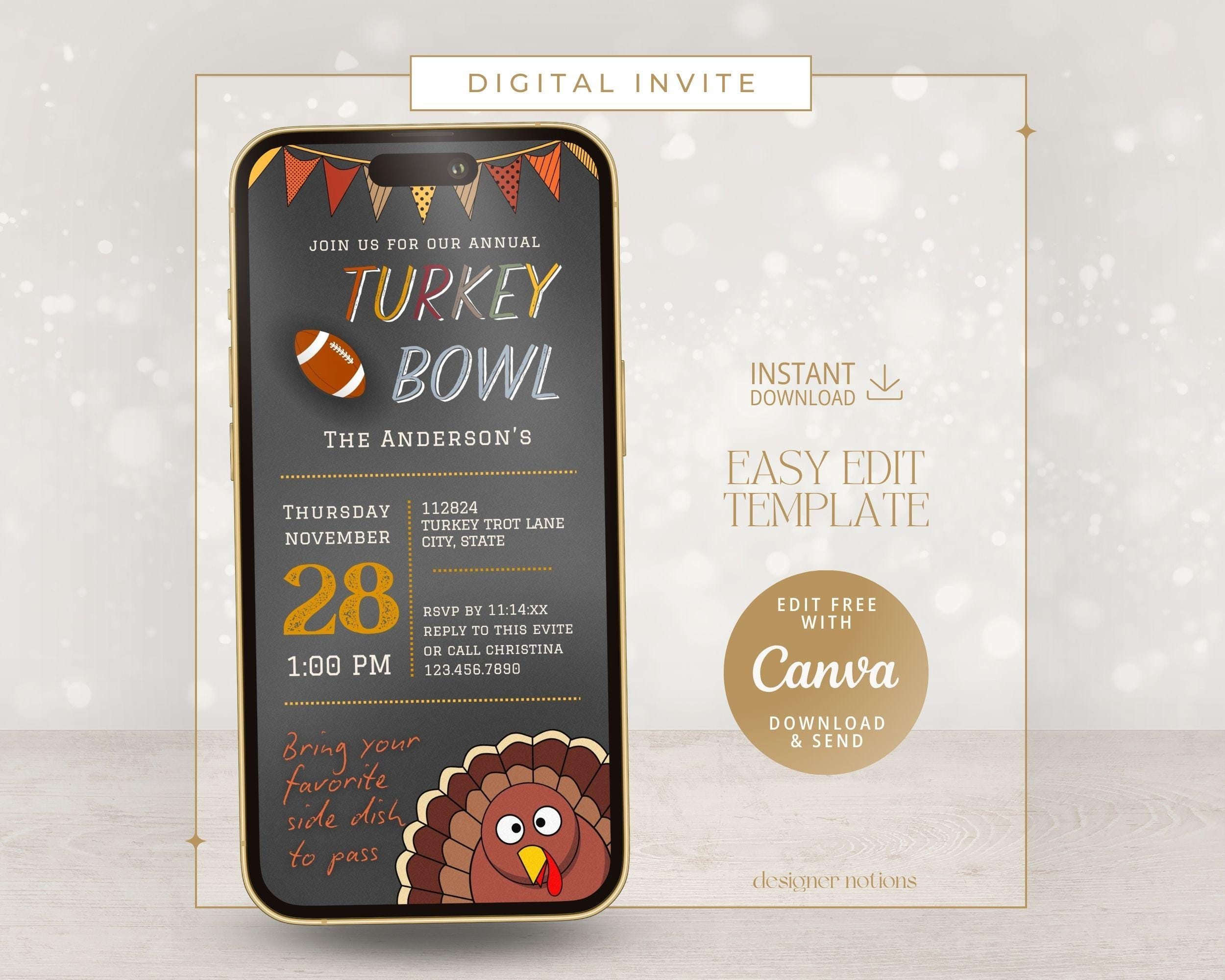 Turkey Bowl Invitation: Thanksgiving Football Party Evite (Canva in Turkey Bowl Flyer Template
