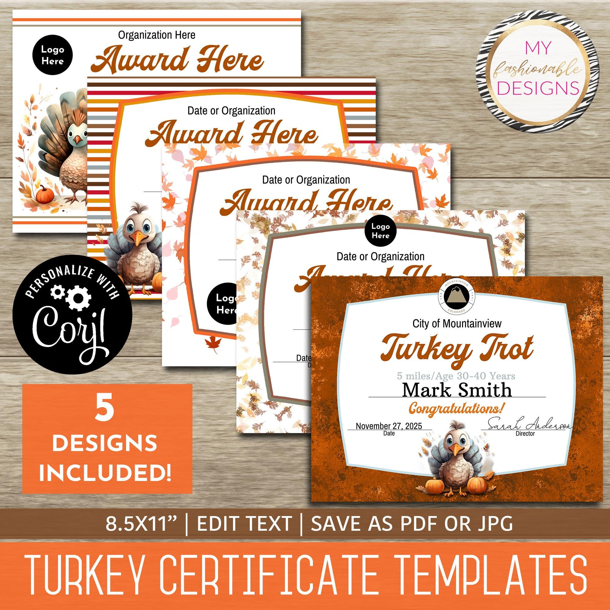 Turkey Certificate Template Set - 5 Design Templates! 8.5X11 in Turkey Trot Certificate Template