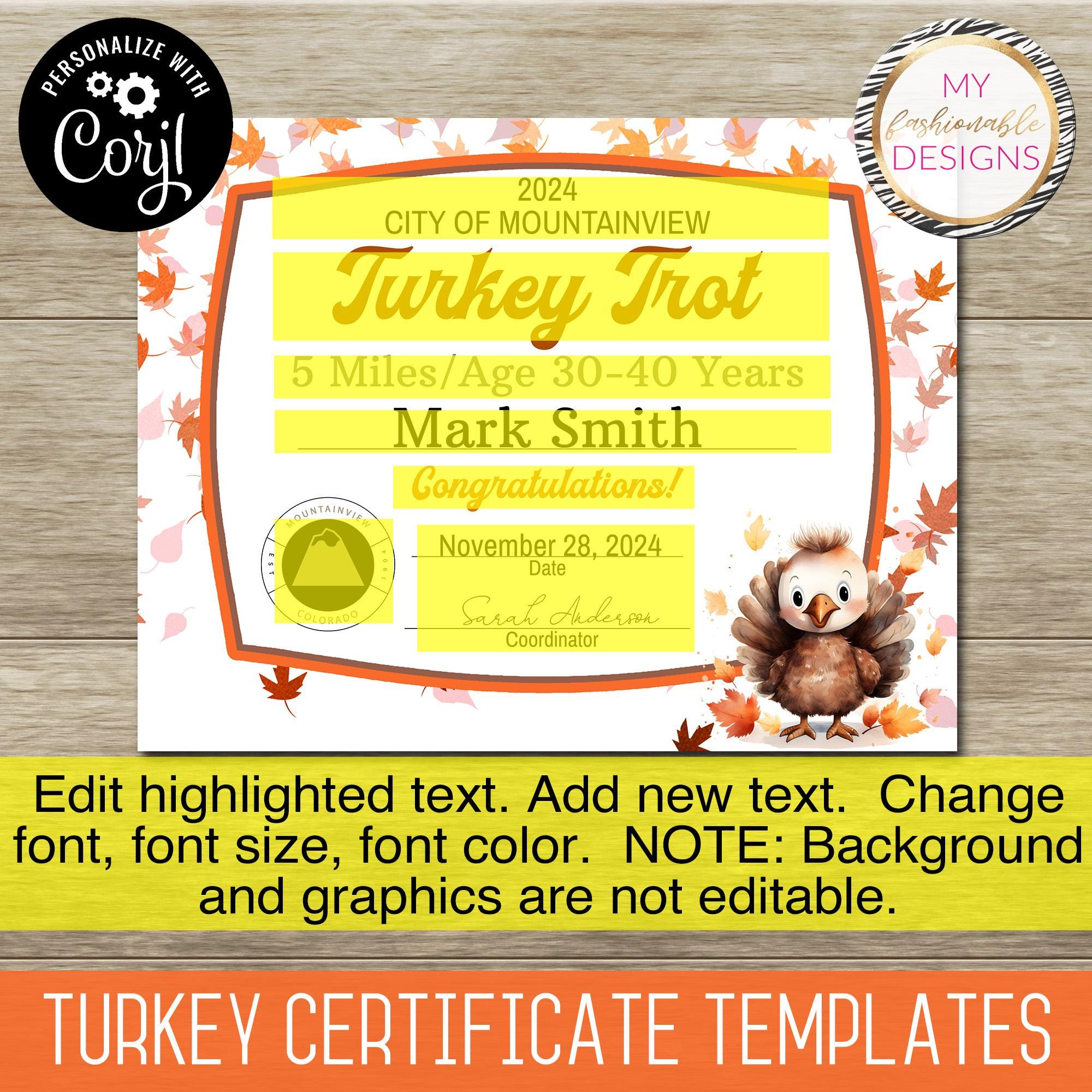 Turkey Certificate Template Set - 5 Design Templates! 8.5X11 with Turkey Trot Certificate Template