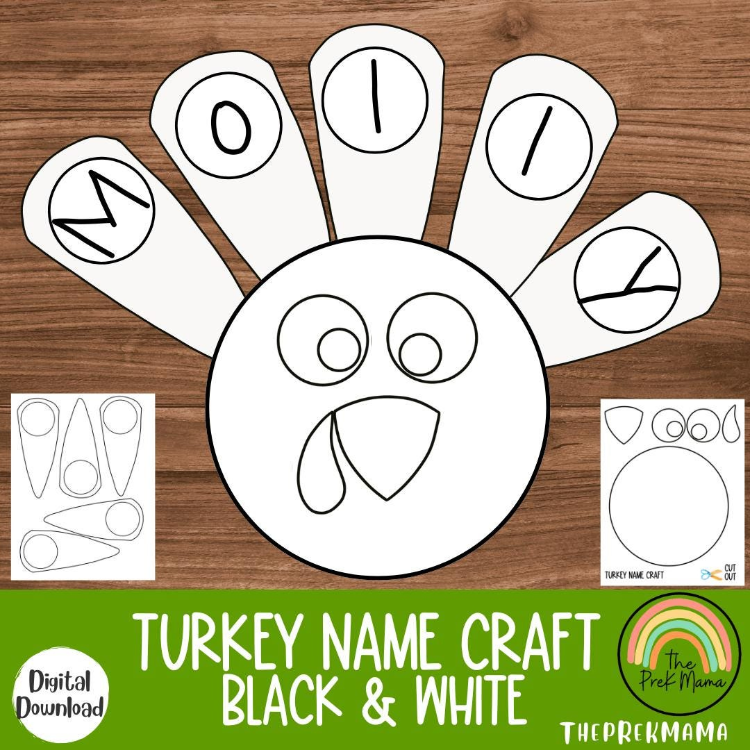 Turkey Name Craft Black And White Version, Fall Activity For Kids with Turkey Name Craft Template