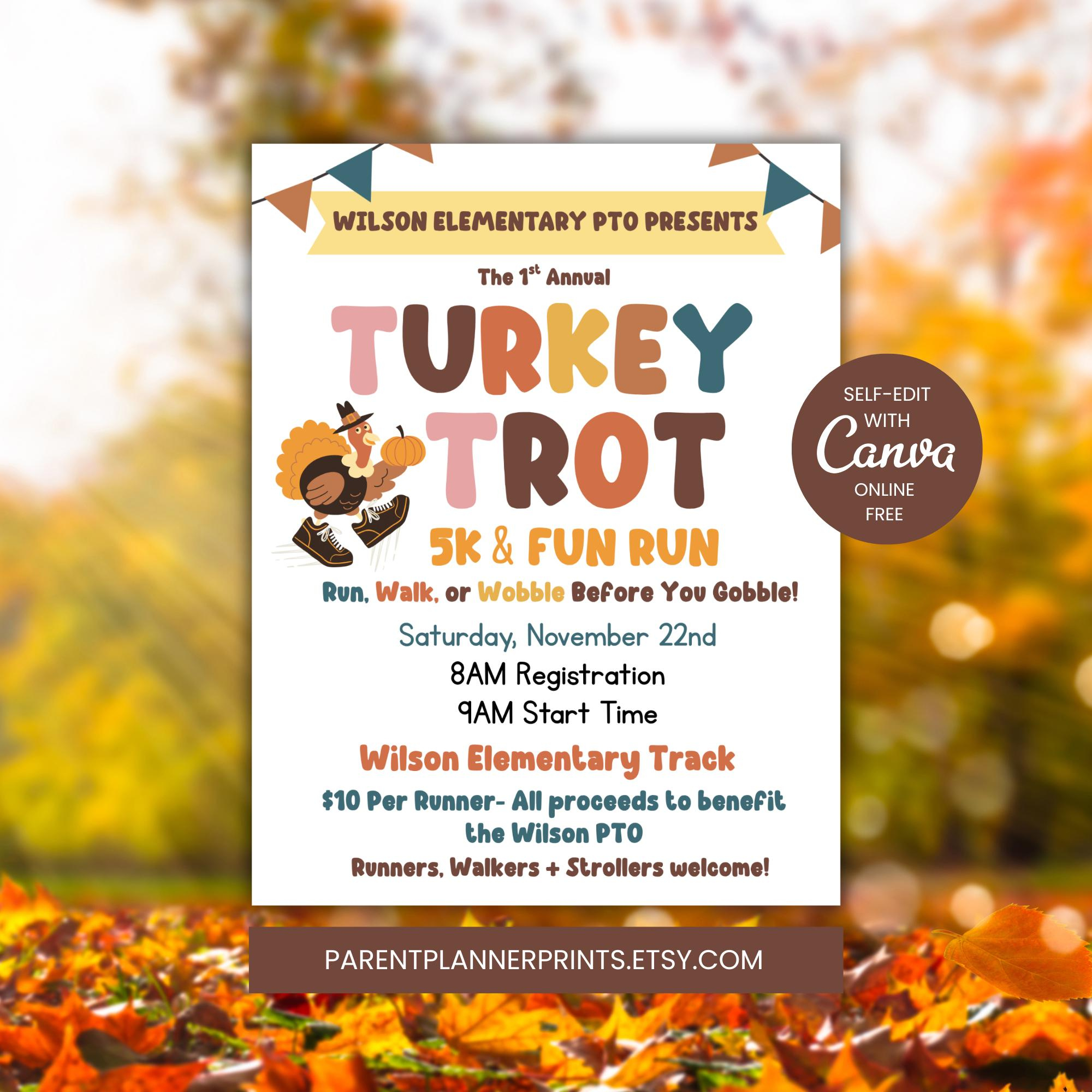 Turkey Trot Flyer Template | Editable Thanksgiving Canva Flyer in Turkey Trot Flyer Template